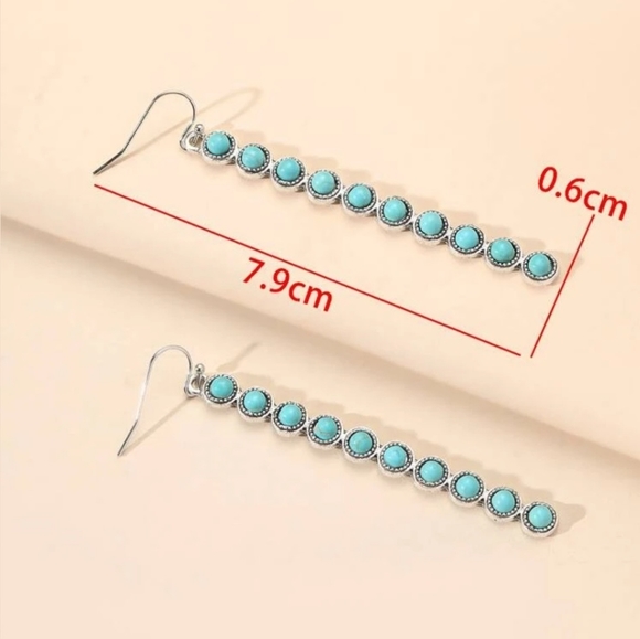 Turquoise Silvertone Long Drop Southwestern Boho Dangle Earrings - Picture 7 of 7